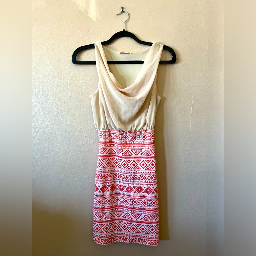 Aggie Nude Tribal Print Cowl Neck Body-con Mini Dress S